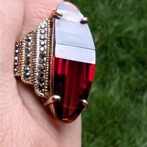 Giant Faceted Garnet & Marcasite silver . Cocktail Ring. Size 8